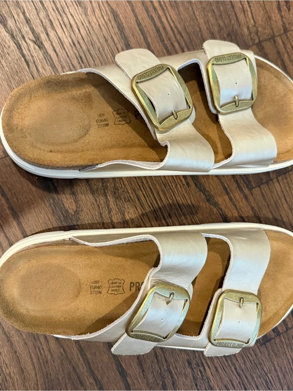 Metallic Double-Buckle Slide Sandals with Gold Buckles